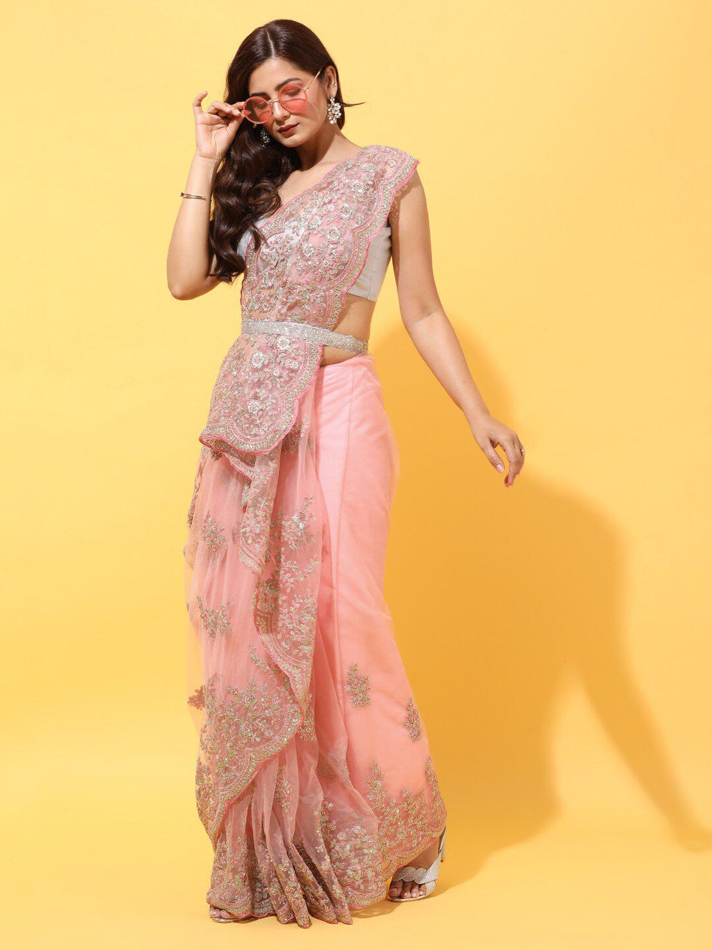 kasee Pink Floral Embroidered Net Saree