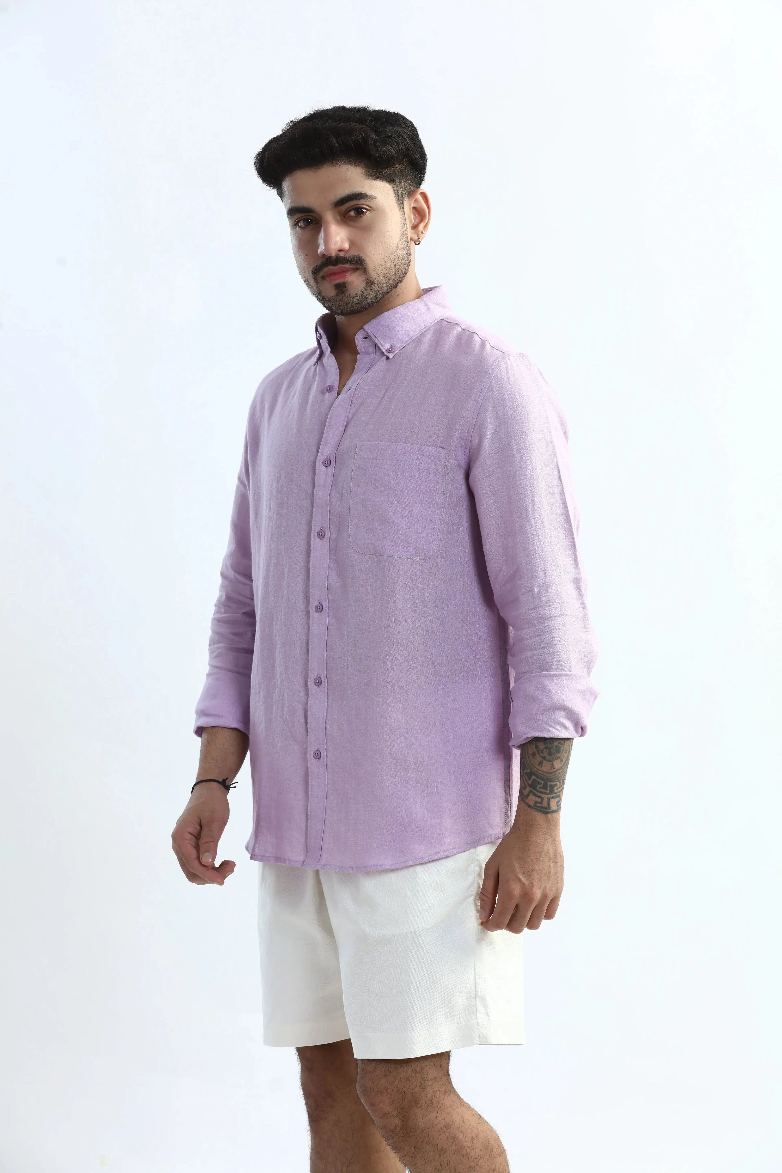 Xkind 100% Pure Linen Lavender Button Down Casual Shirt