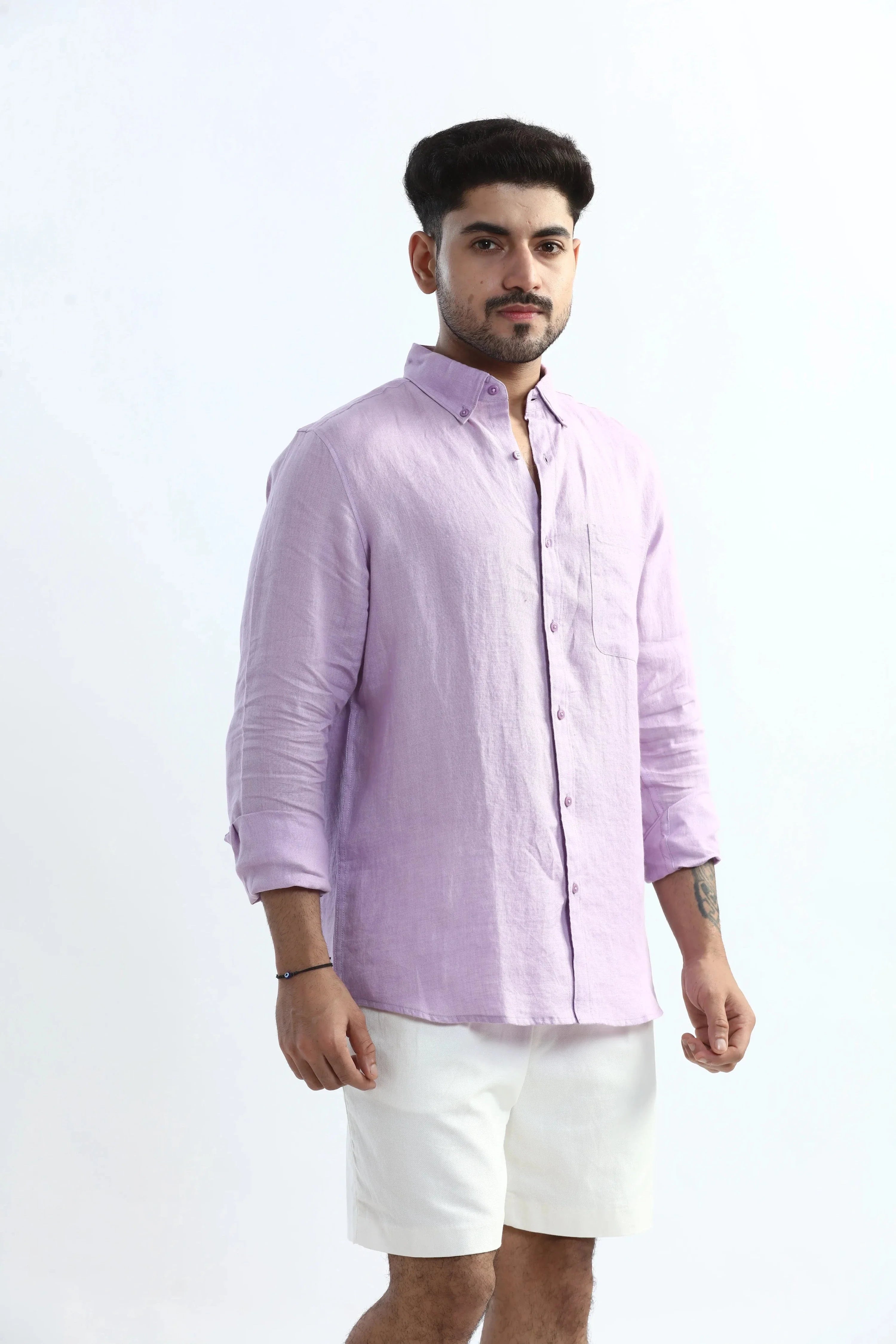 Xkind 100% Pure Linen Lavender Button Down Casual Shirt