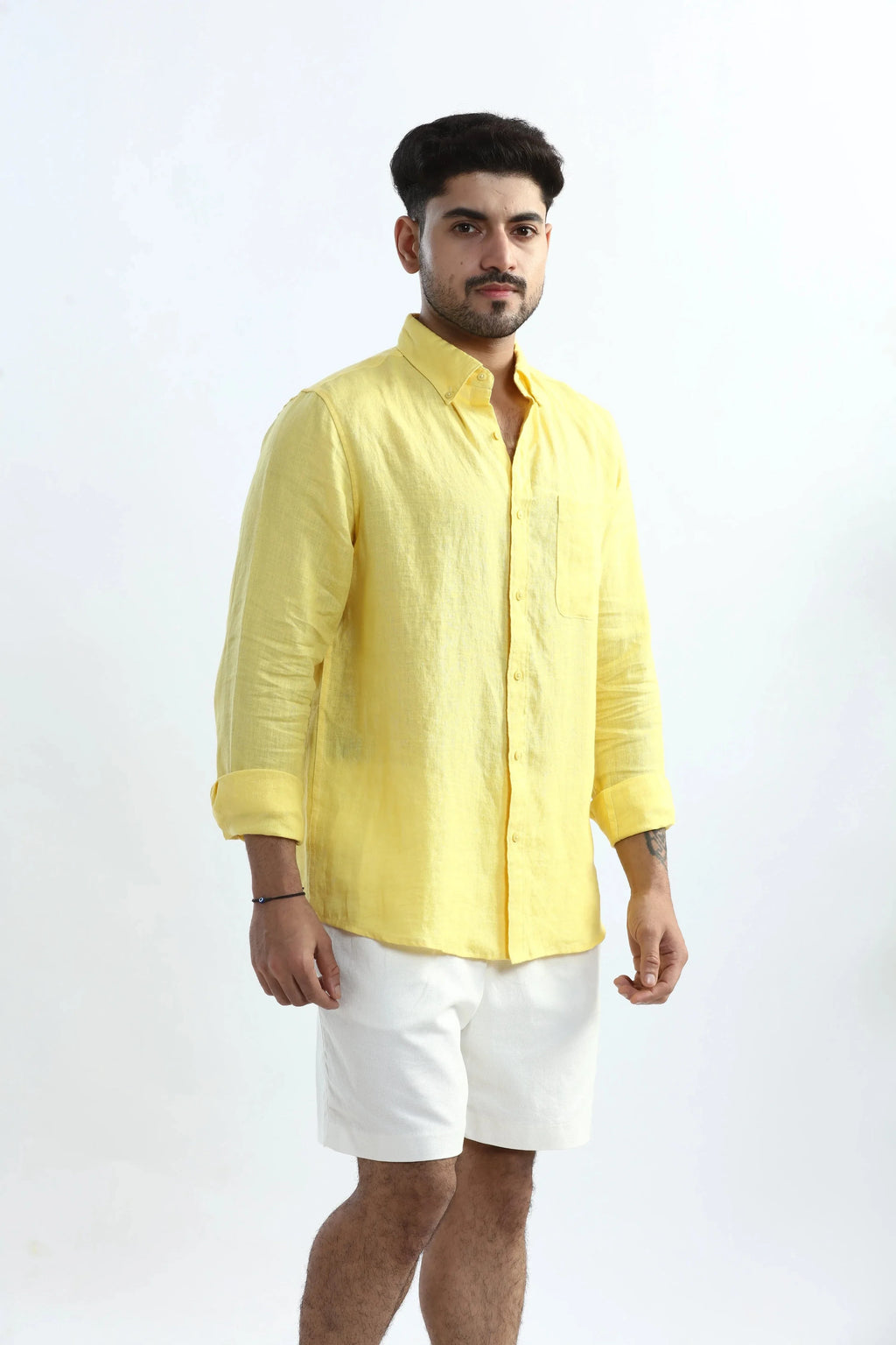Xkind 100% Pure Linen Buttercup Yellow Button Down Casual Shirt