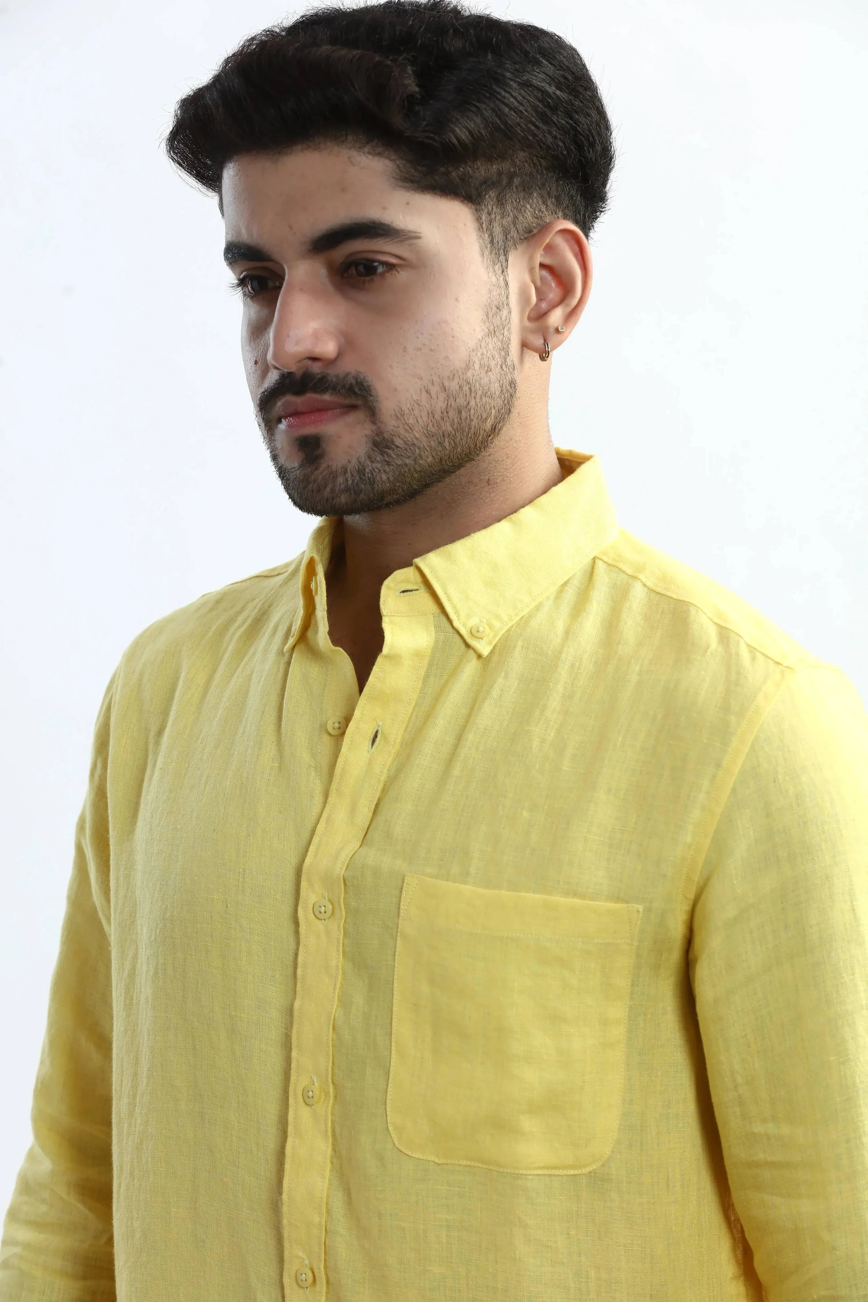 Xkind 100% Pure Linen Buttercup Yellow Button Down Casual Shirt
