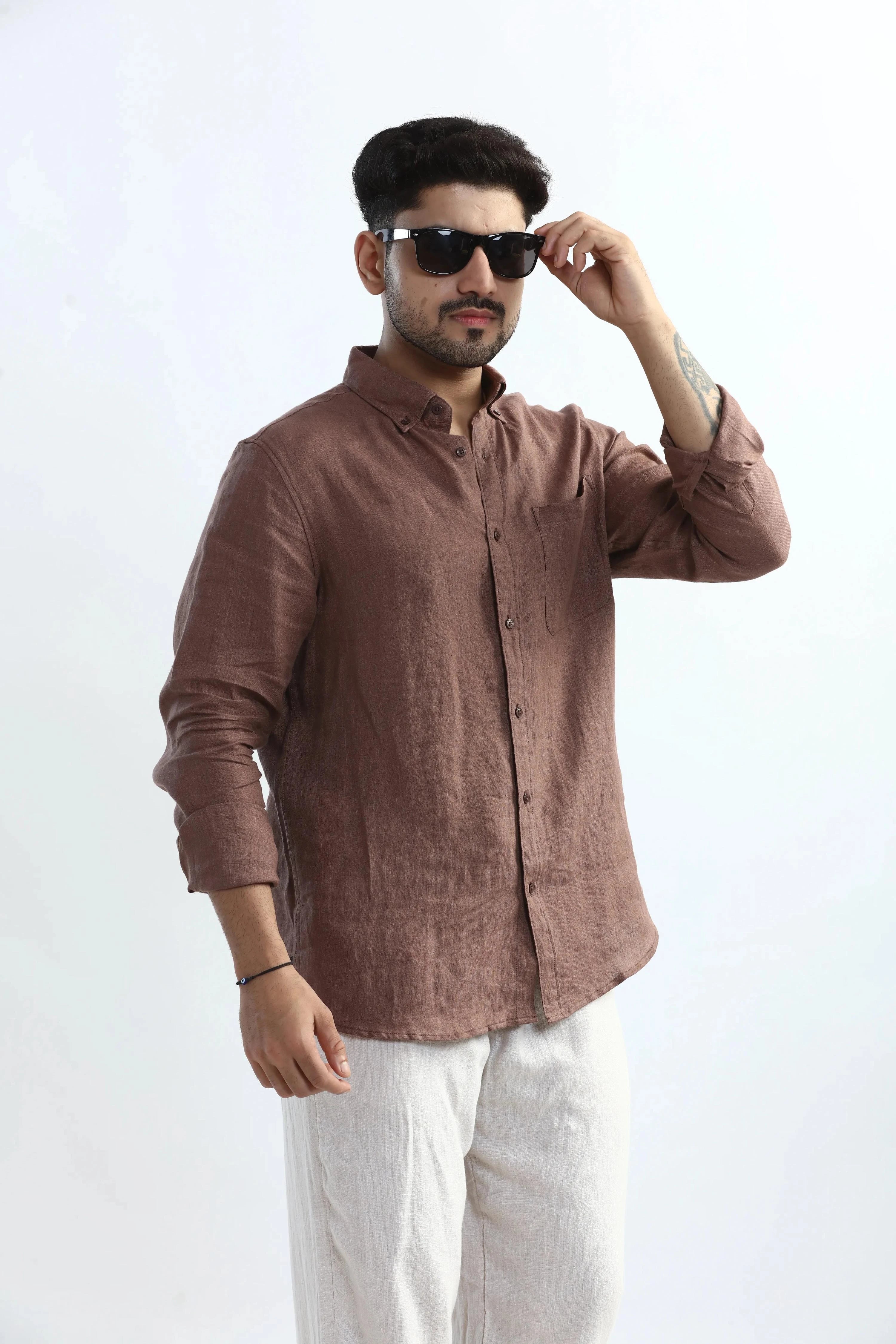 Xkind Brown 100% Pure Linen Mocha Mouse Button Down Casual Shirt