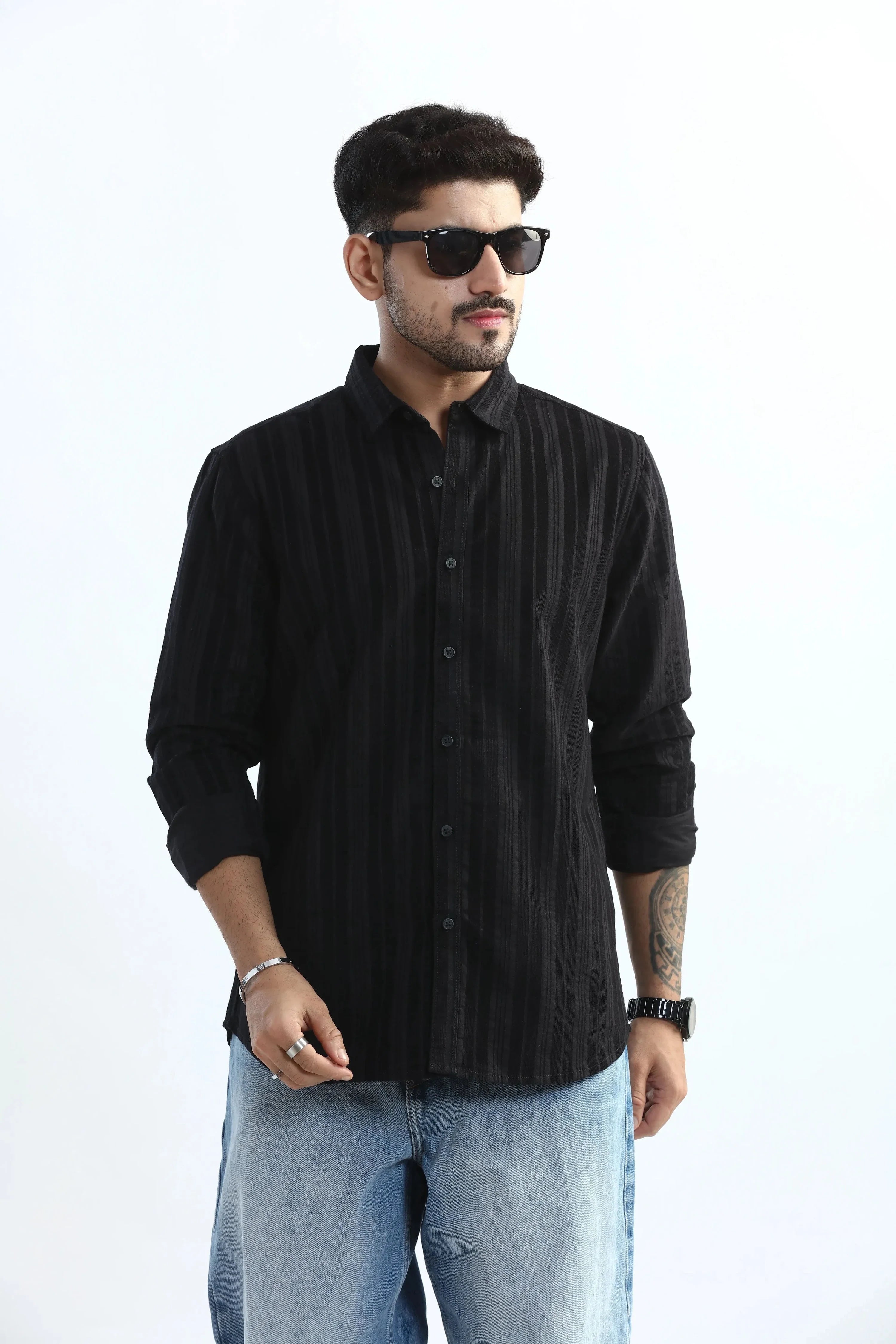Xkind Men's Black Corduroy Suede Striped Slim Fit Shirt