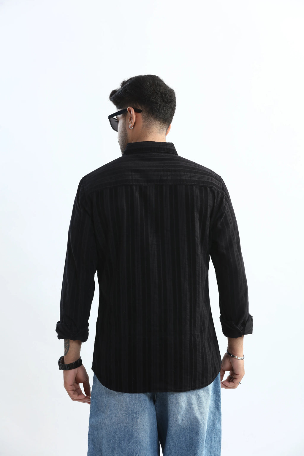 Xkind Men's Black Corduroy Suede Striped Slim Fit Shirt