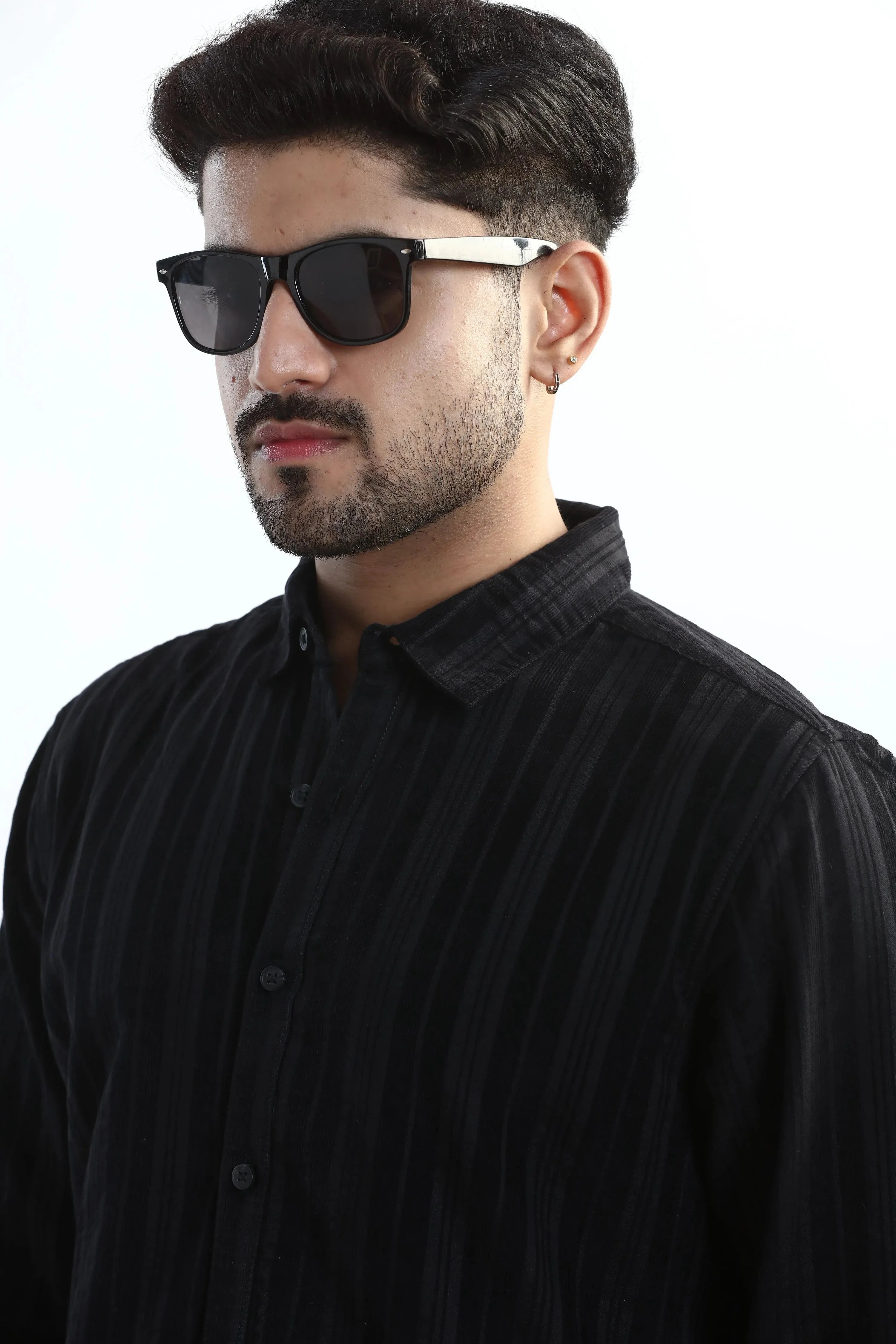Xkind Men's Black Corduroy Suede Striped Slim Fit Shirt