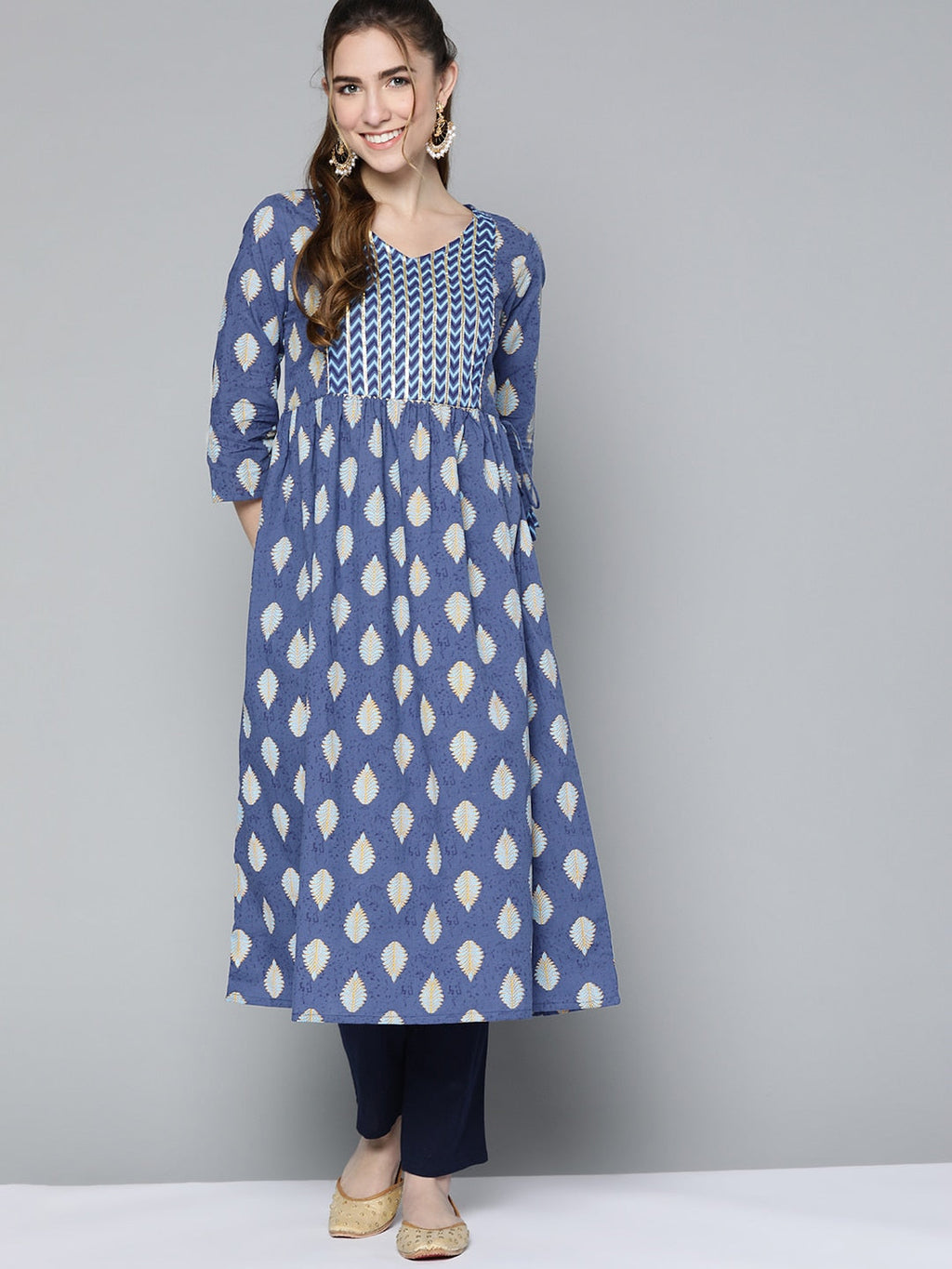 HERE&NOW Women Navy Blue & Mustard Yellow Ethnic Printed Gotta Patti Pure Cotton Kurta
