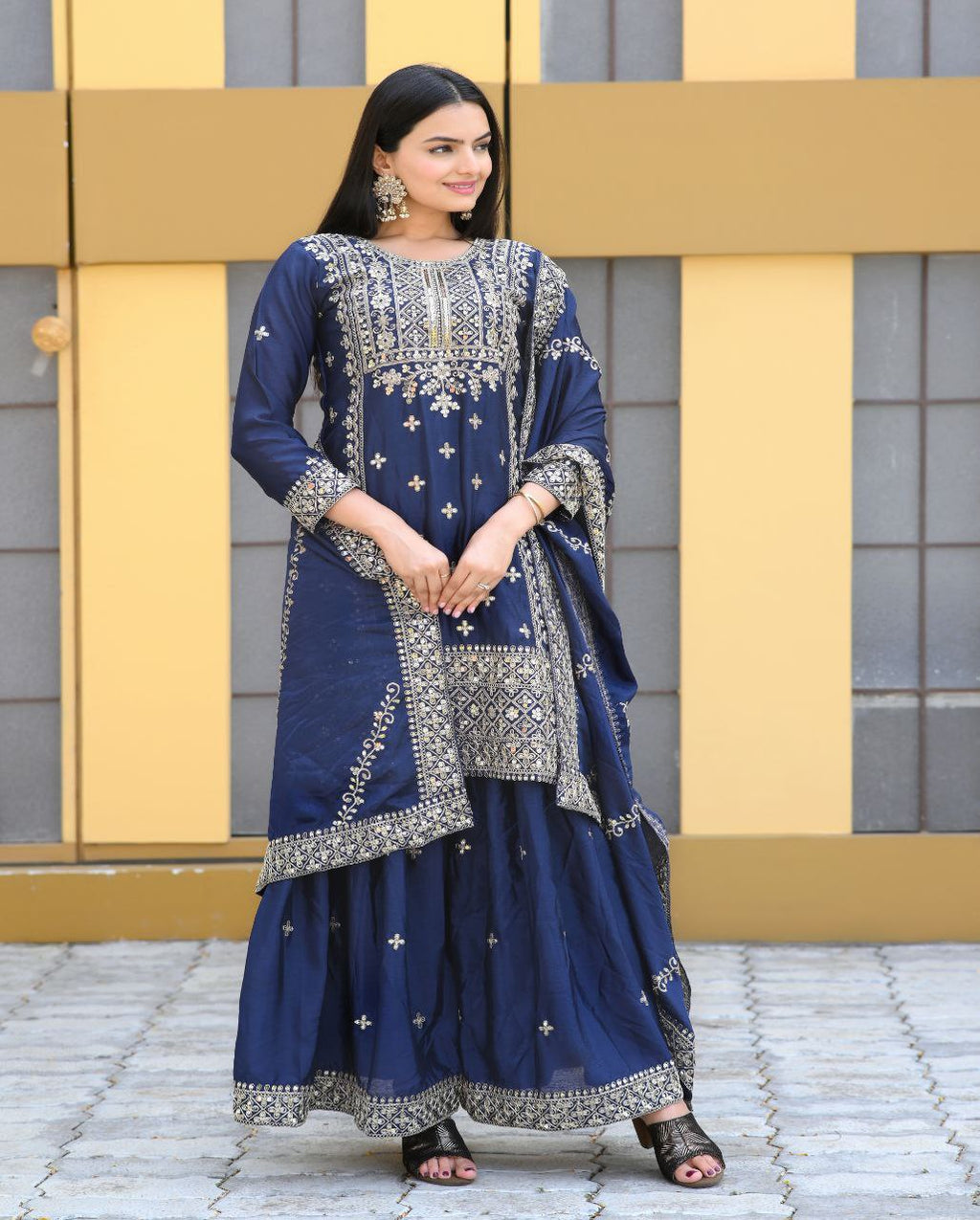 Yash Enterprise Alluring Chinon Silk Navy Blue Embroidery Work Readymade Salwar Suit