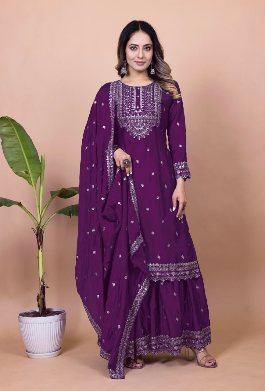 Yash Enterprise Purple Chinon Silk Embroidery Party Wear Suit Set