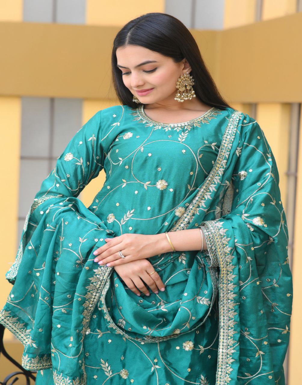 Yash Enterprise Alluring Bottle Green Embroidery Work Readymade Salwar Suit