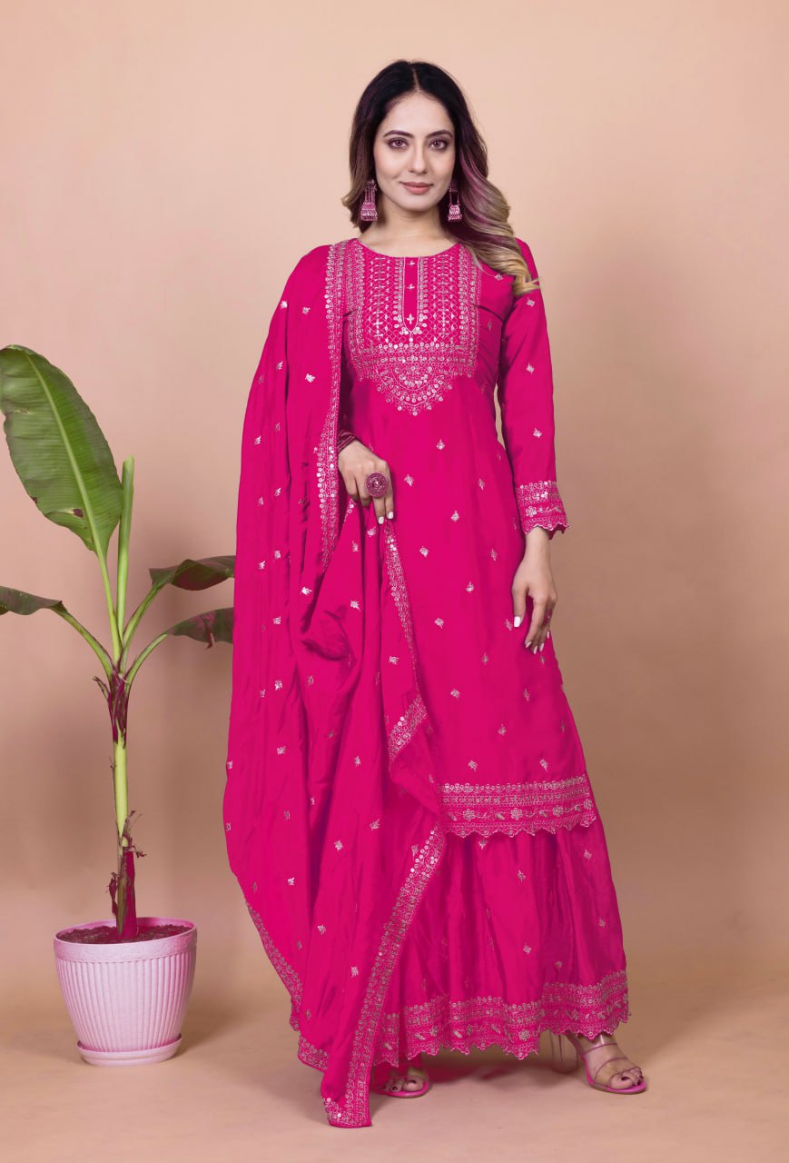 Yash Enterprise Pink Chinon Silk Embroidery Party Wear Suit Set