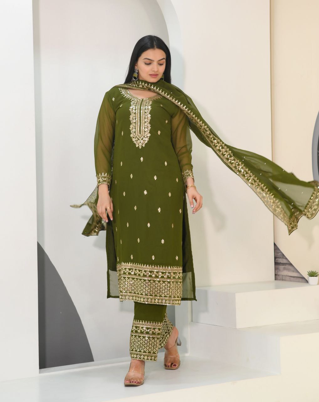 Yash Enterprise Alluring Fox Georgette Olive Embroidery Work Readymade Salwar Suit