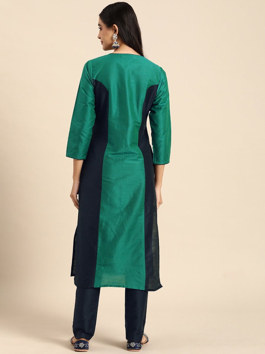 All About You Women Green & Navy Blue Colourblocked Kurta with Trousers