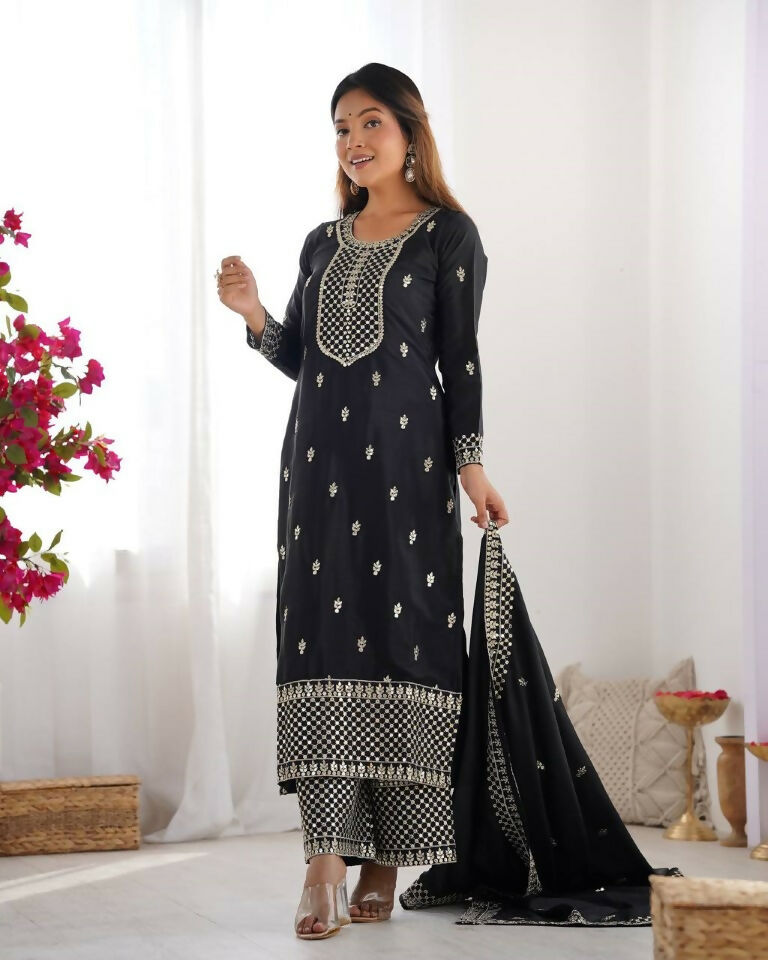 Teeya Creation Black Color Pure Chinnon Silk Embroidery Work Functional Wear Salwar Suit