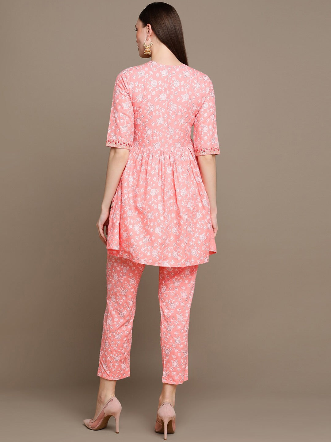 HERE&NOW Floral Printed Embroidered Sequinned High-Low Kurti with Trouserss