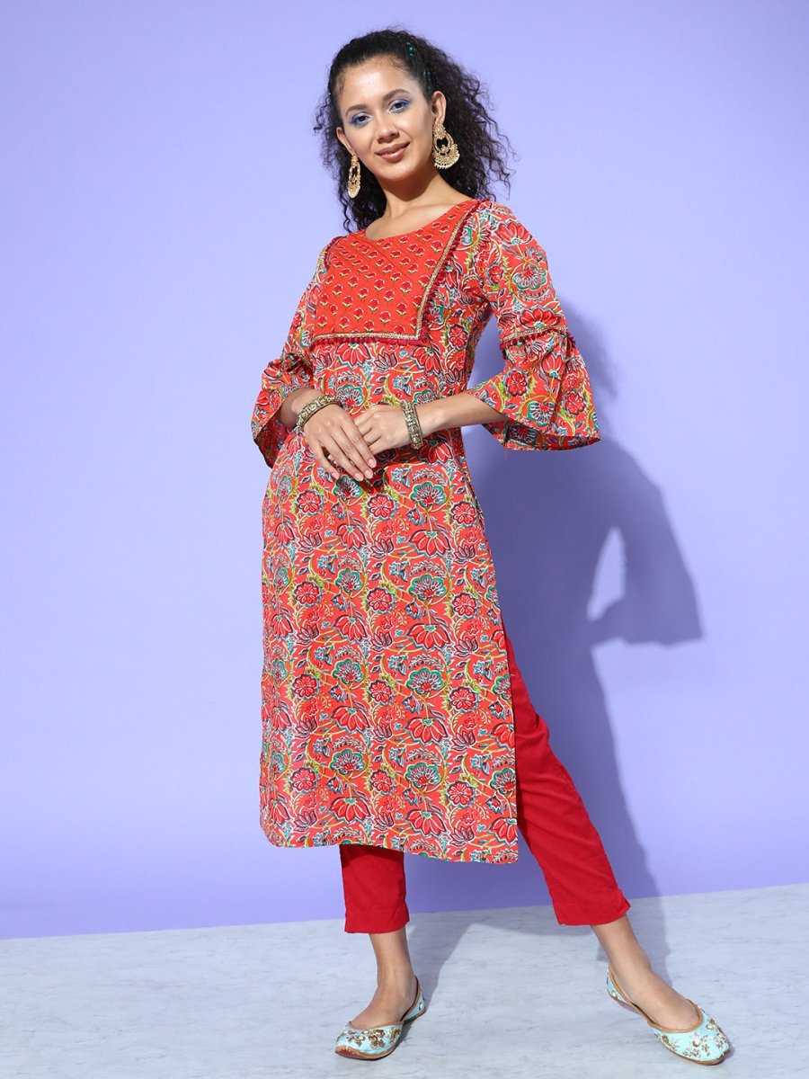 All About You Women Orange & Green Floral Printed Bell Sleeves Gotta Patti Kurta