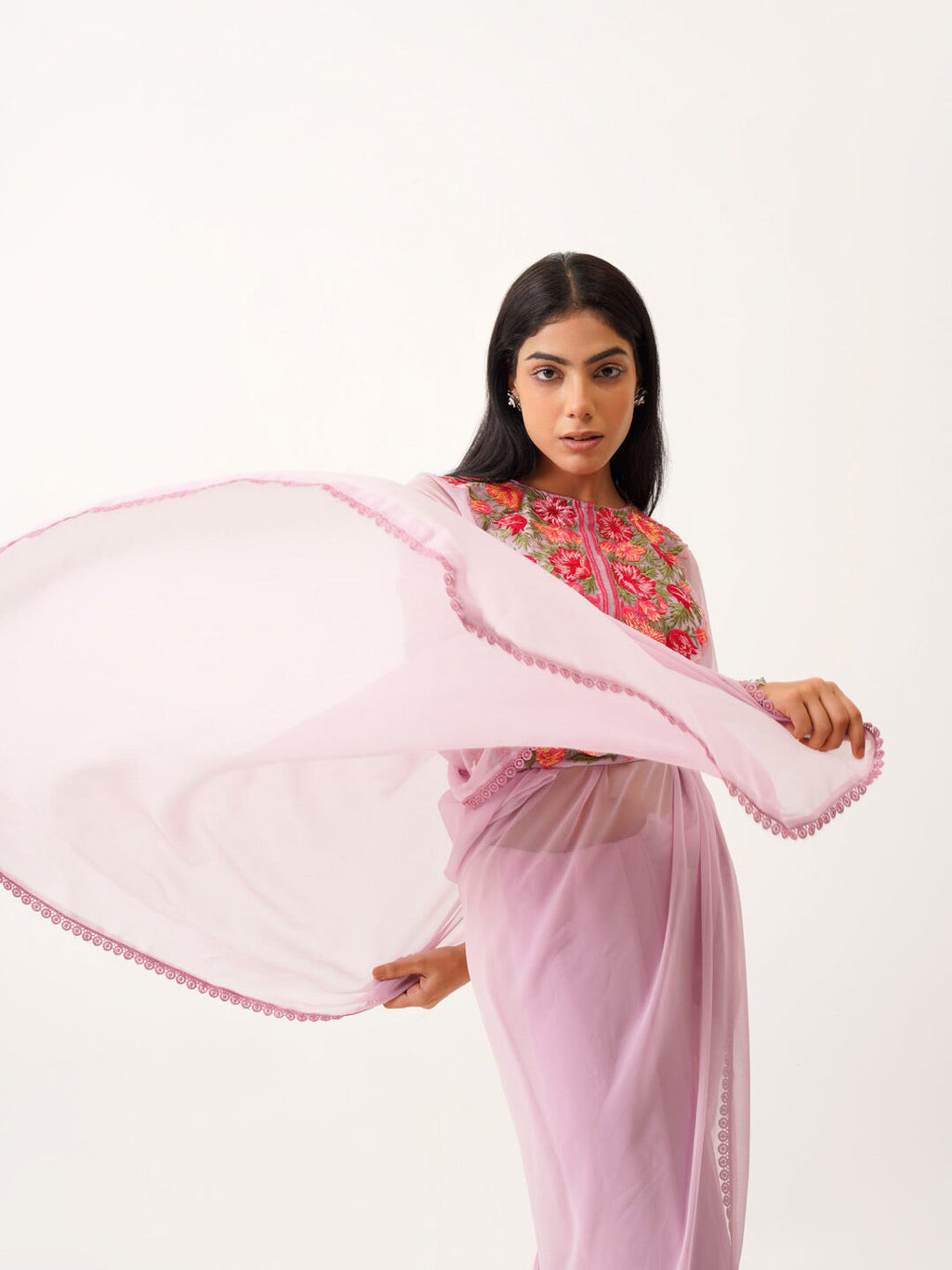 Tikhi Imli Lavender & Pink Floral Embroidered Belted Saree