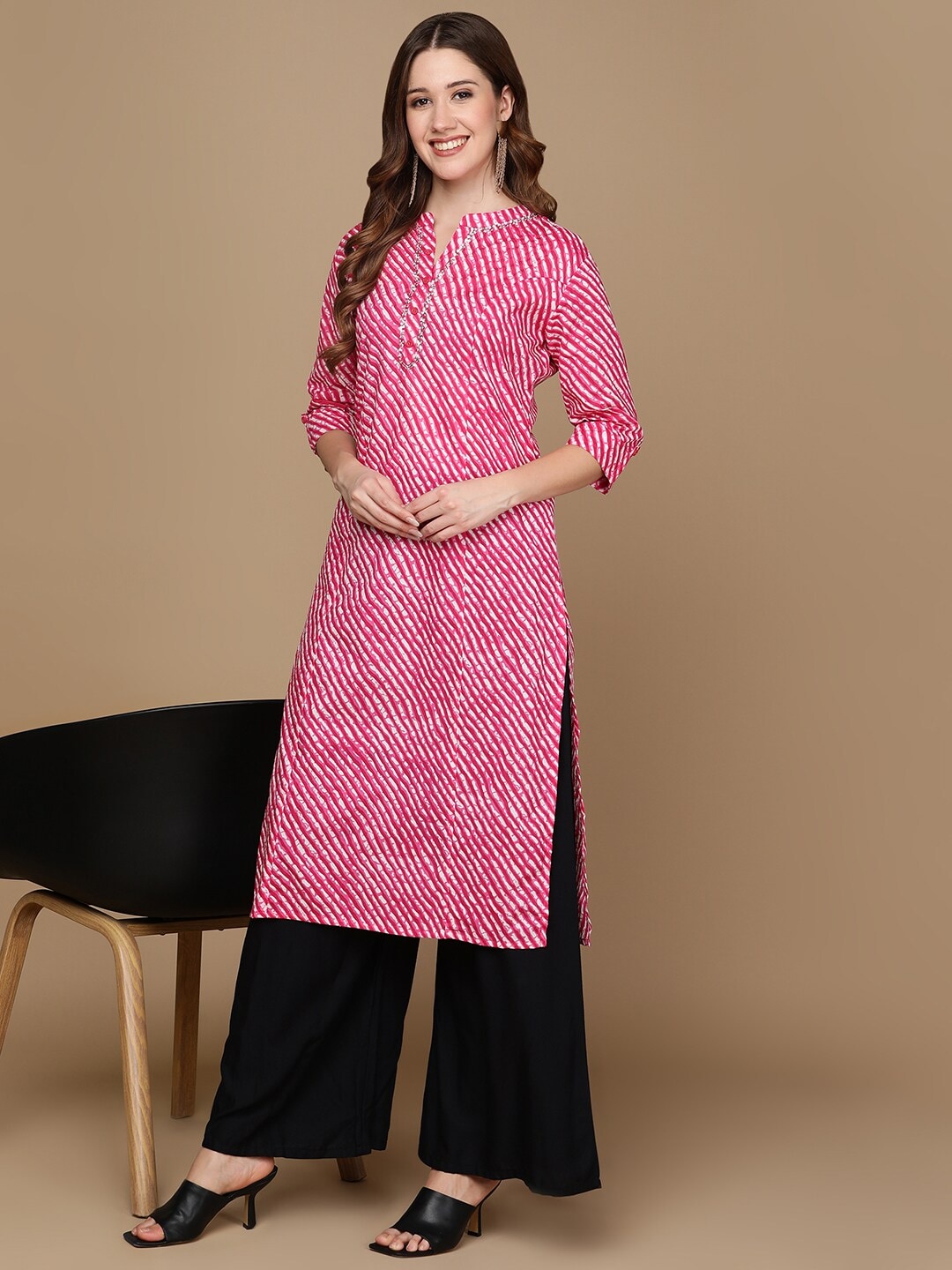 HERE&NOW Pink & White Striped Sequined Straight Cotton Kurta