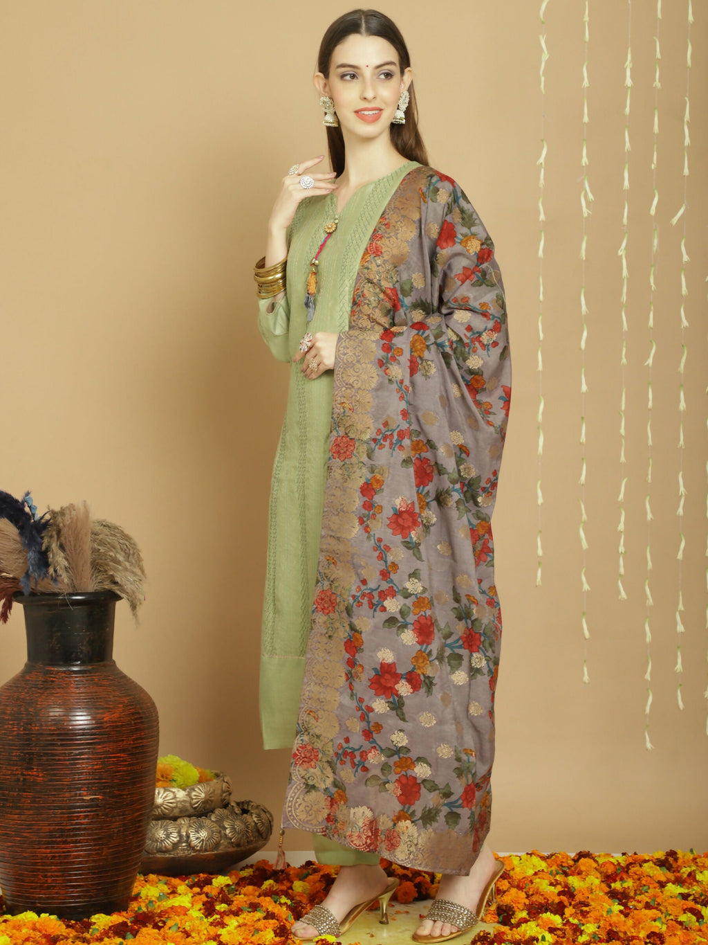 Jyoti Fashion Women's Green Chanderi Silk Elegant Jardoshi Semi Kurta with Trouser & Dupatta