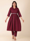 Aramya Maroon Linen Cotton Solid Print A-line Kurta Set for Women