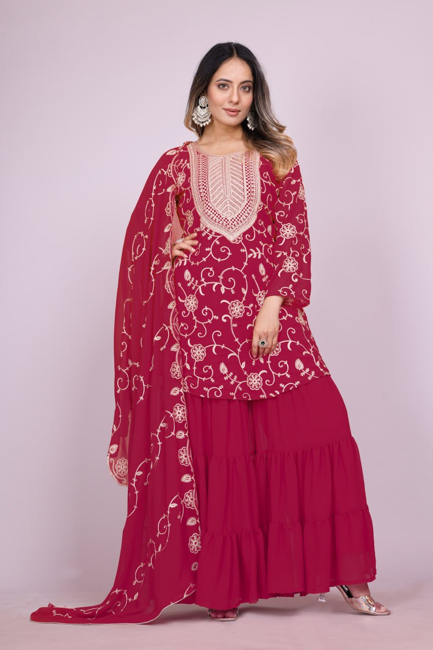 Yash Enterprise Maroon Chinon Silk Party Wear Embroidery Suit Set