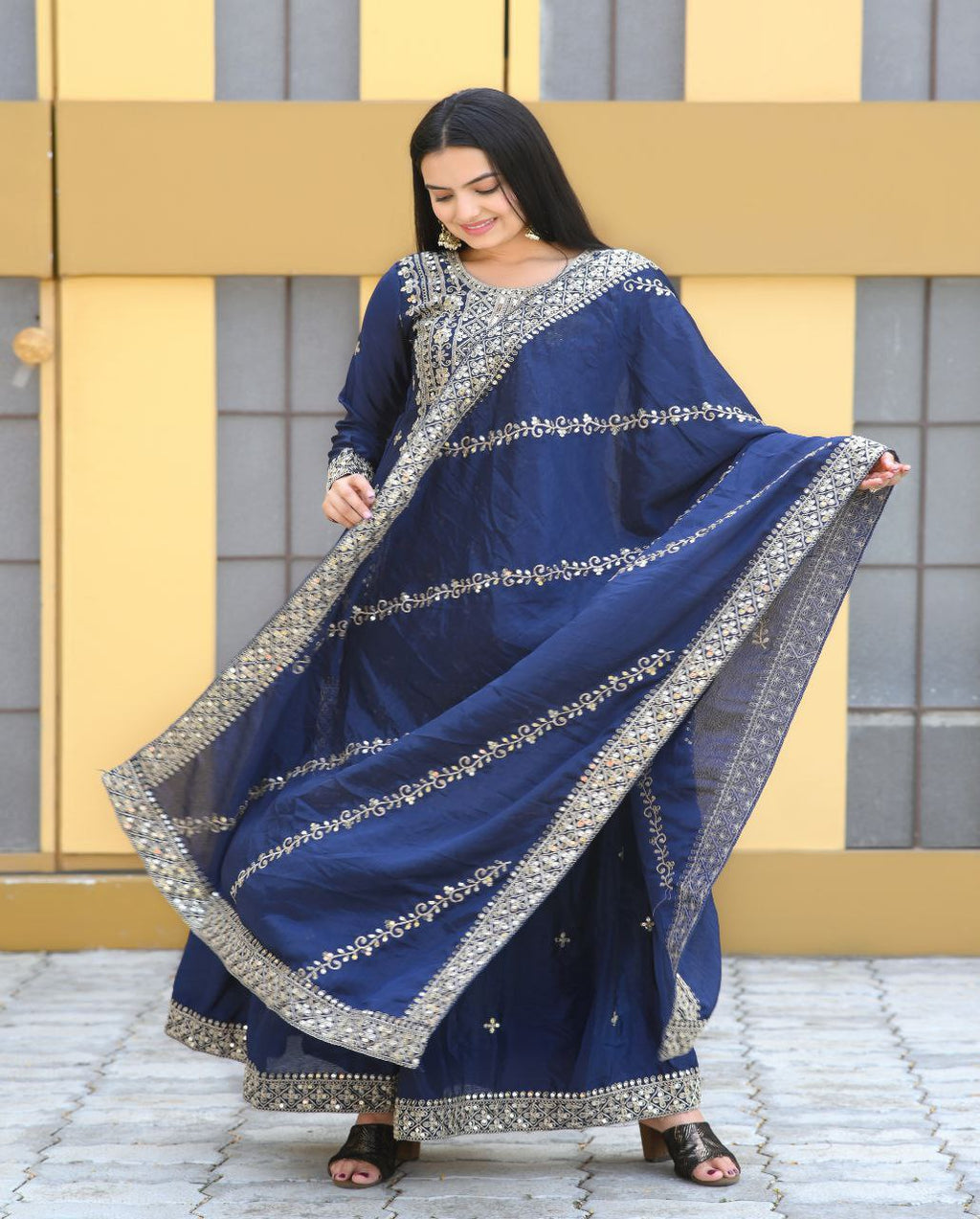 Yash Enterprise Alluring Chinon Silk Navy Blue Embroidery Work Readymade Salwar Suit