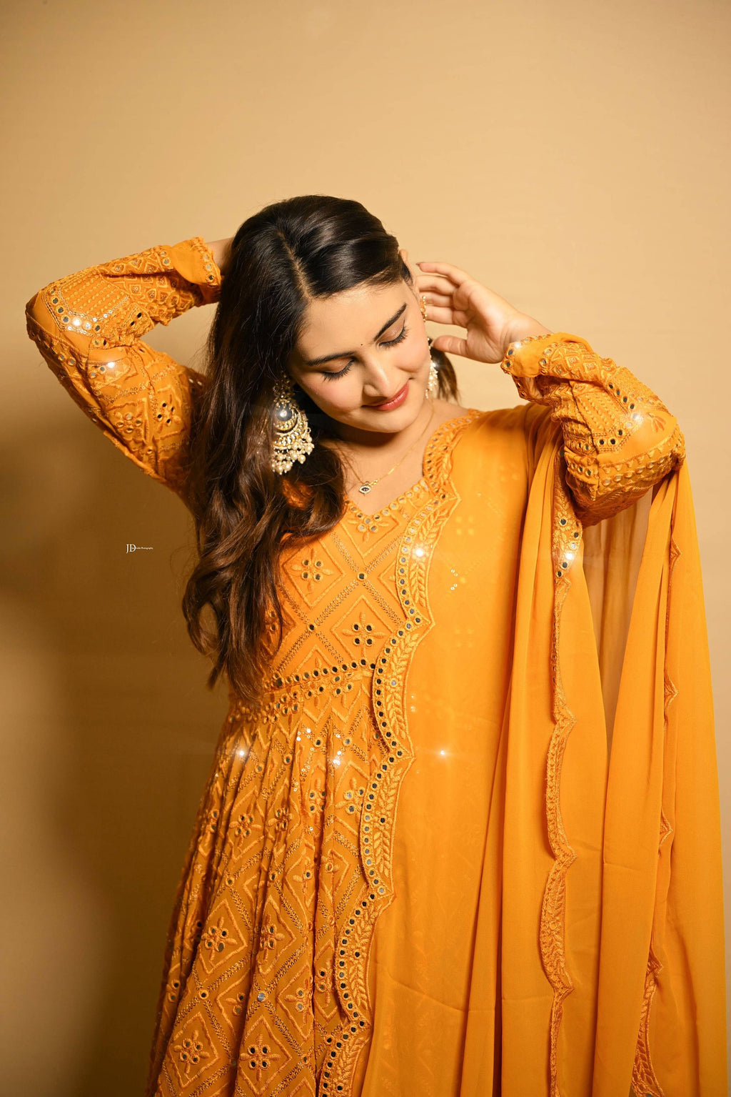 Yash Enterprise Beautiful Yellow Faux Embroidered Wedding Wear Gown With Dupatta