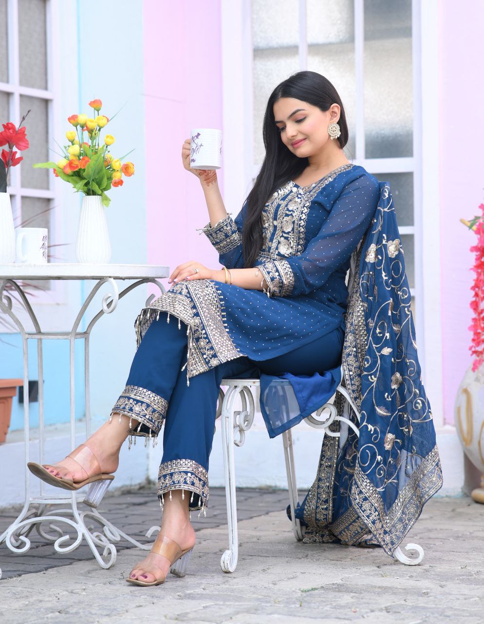 Yash Enterprise Alluring Fox Georgette Blue Embroidery Work Readymade Salwar Suit