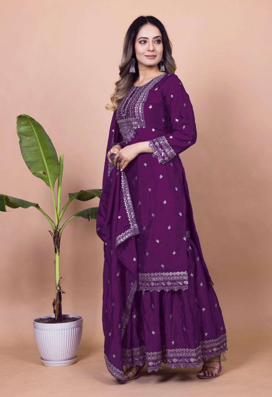 Yash Enterprise Purple Chinon Silk Embroidery Party Wear Suit Set