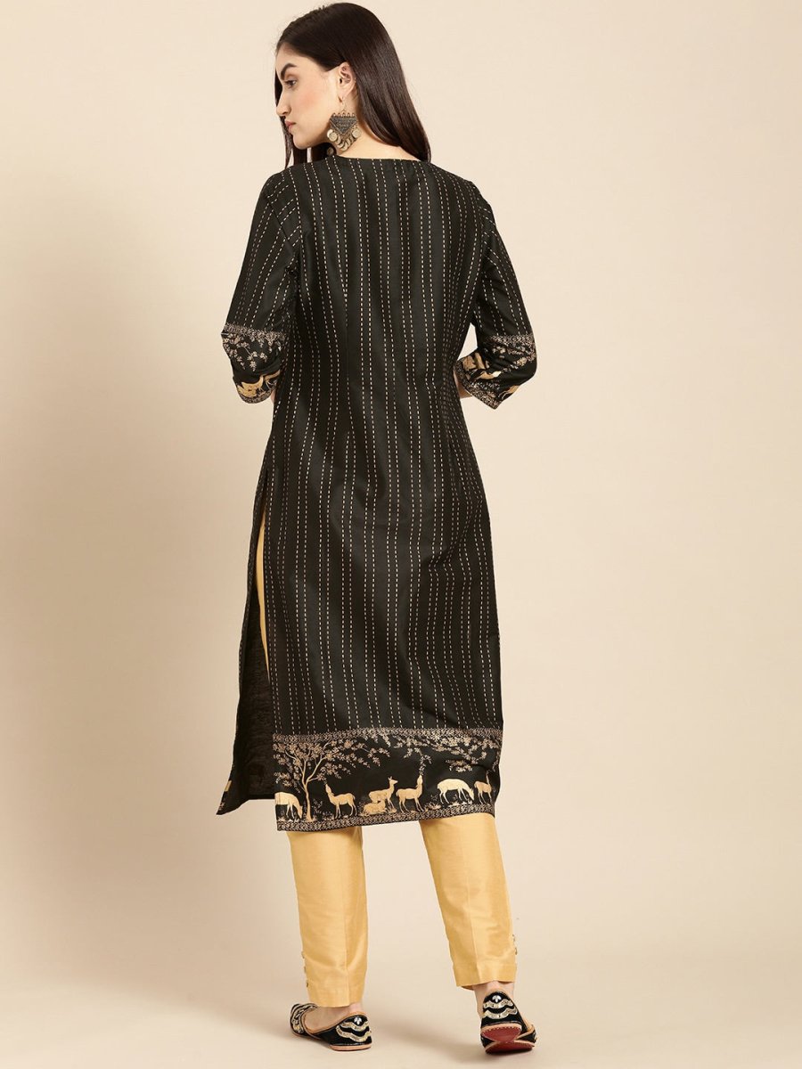 All About You Women Black & Gold Striped Regular Kurta with Trousers