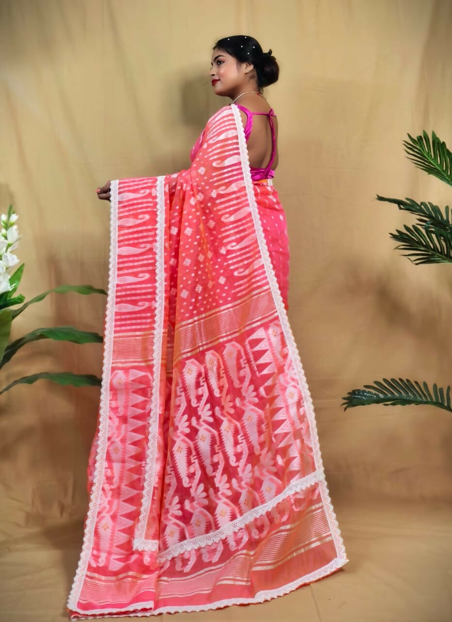 Exclusive Collection Beautiful Peach Jaal Jamdani Saree