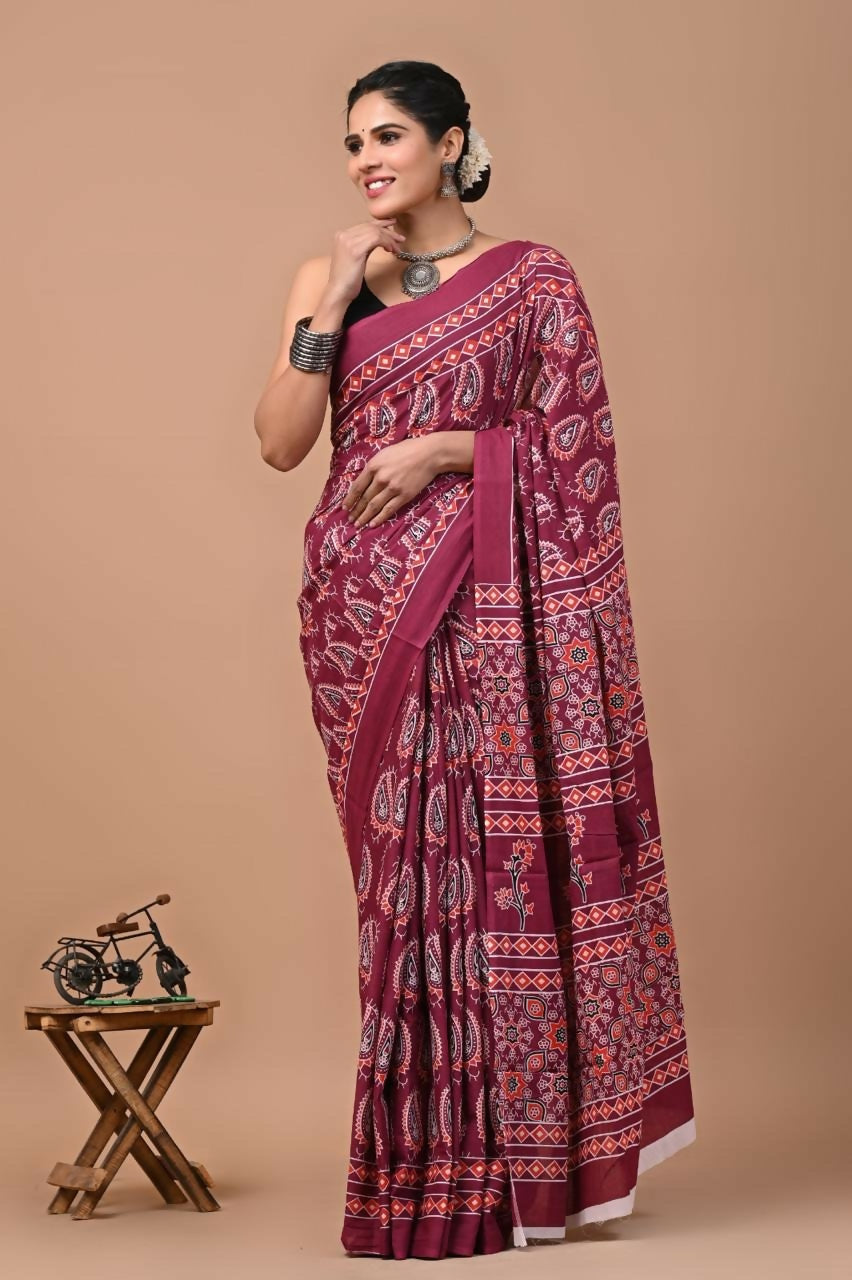 Exclusive Collection Red Multi Beautiful Mulmul Cotton Saree