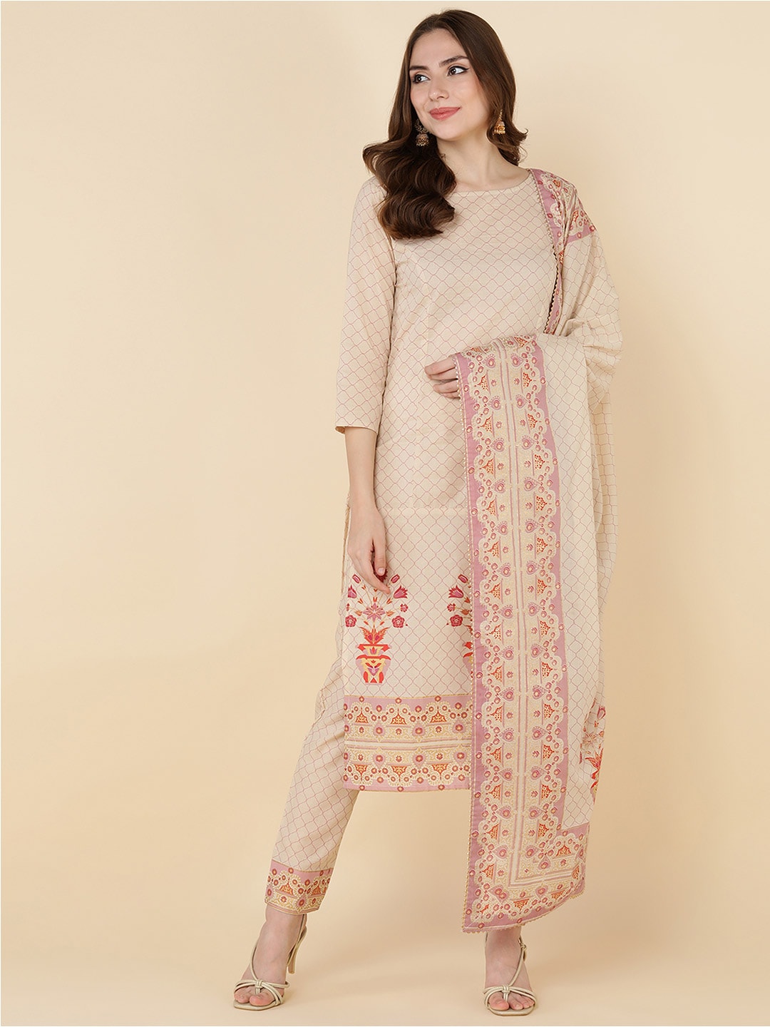 HERE&NOW Women Beige Ethnic Motifs Printed Pure Cotton Kurta with Trousers & Dupatta
