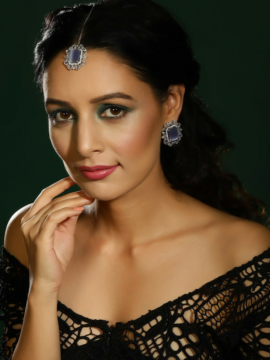 Diamond and Stone Earrings with Maang Tikka- Ruby Raang