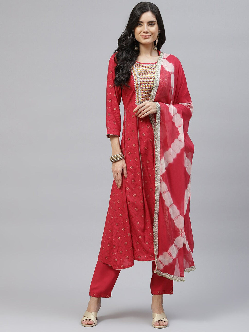 HERE&NOW Women Red Floral Printed Panelled Thread Work Kurta with Trouser & Dupatta
