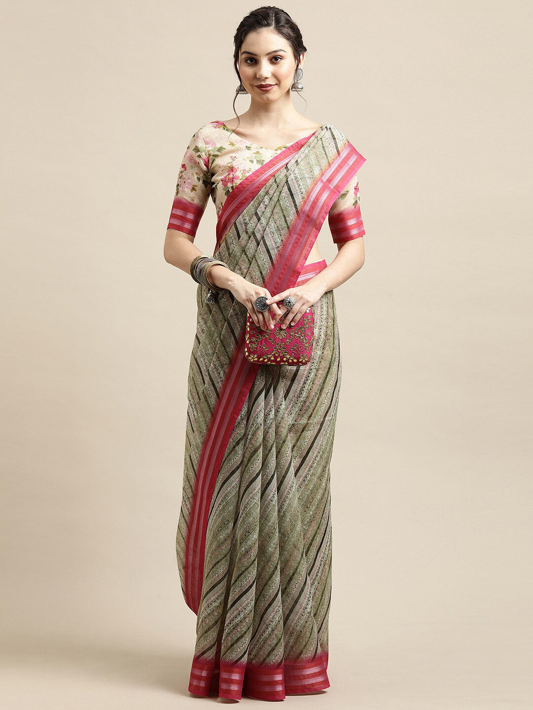 Saree Mall Olive Green & Pink Leheriya Linen Blend Saree
