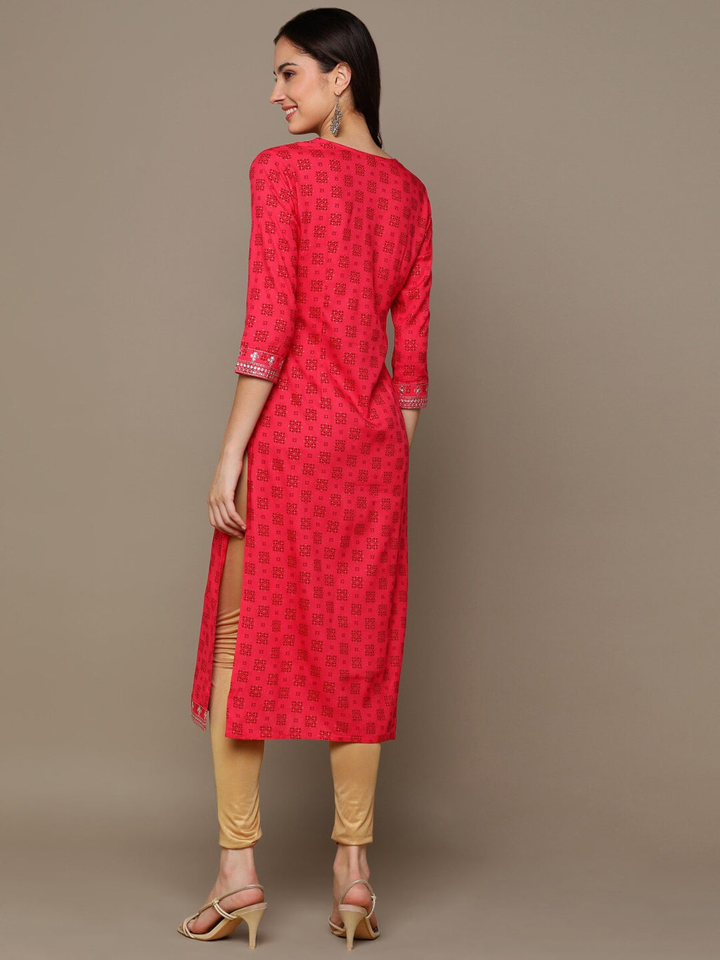 HERE&NOW Ethnic Motifs Printed Sequined Embroidered Straight Kurta