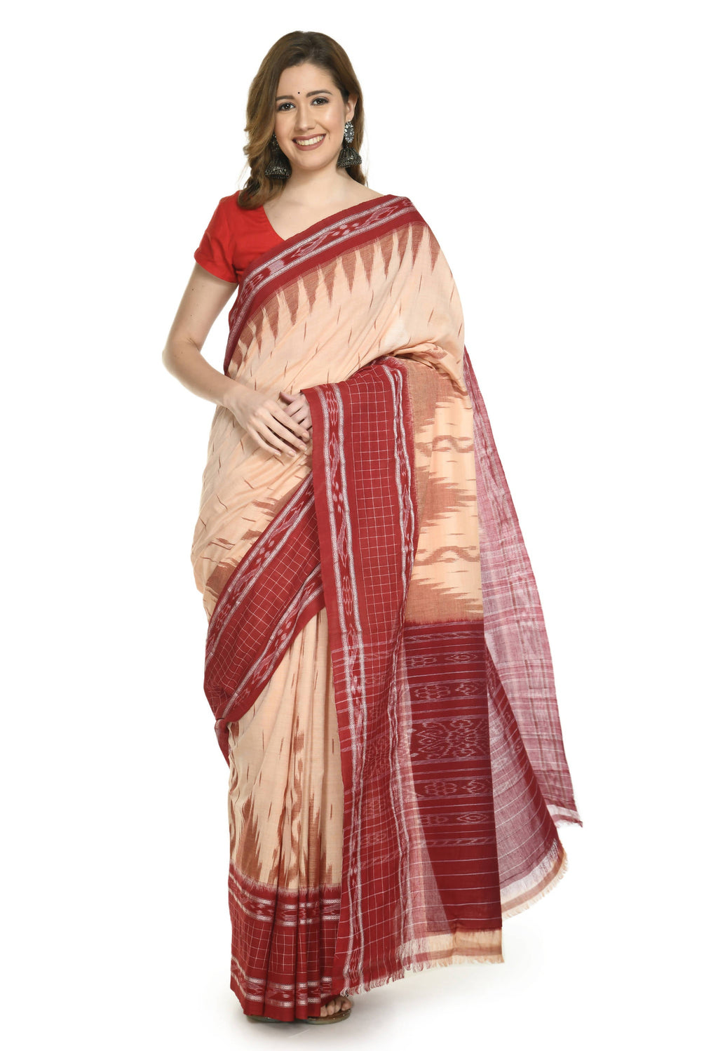 Vamika Sambalpuri Ikat Cotton Scot Dali Tasrite & Maroon Saree