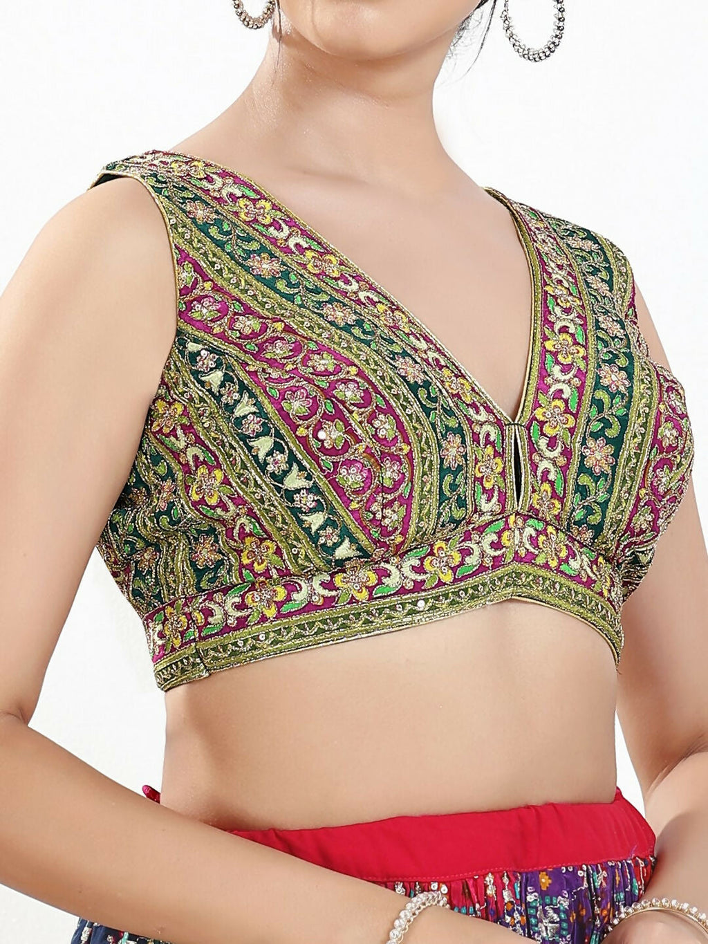 Joban Fashion Green Multi Georgette Padded Blouse With V Neck Sleeveless