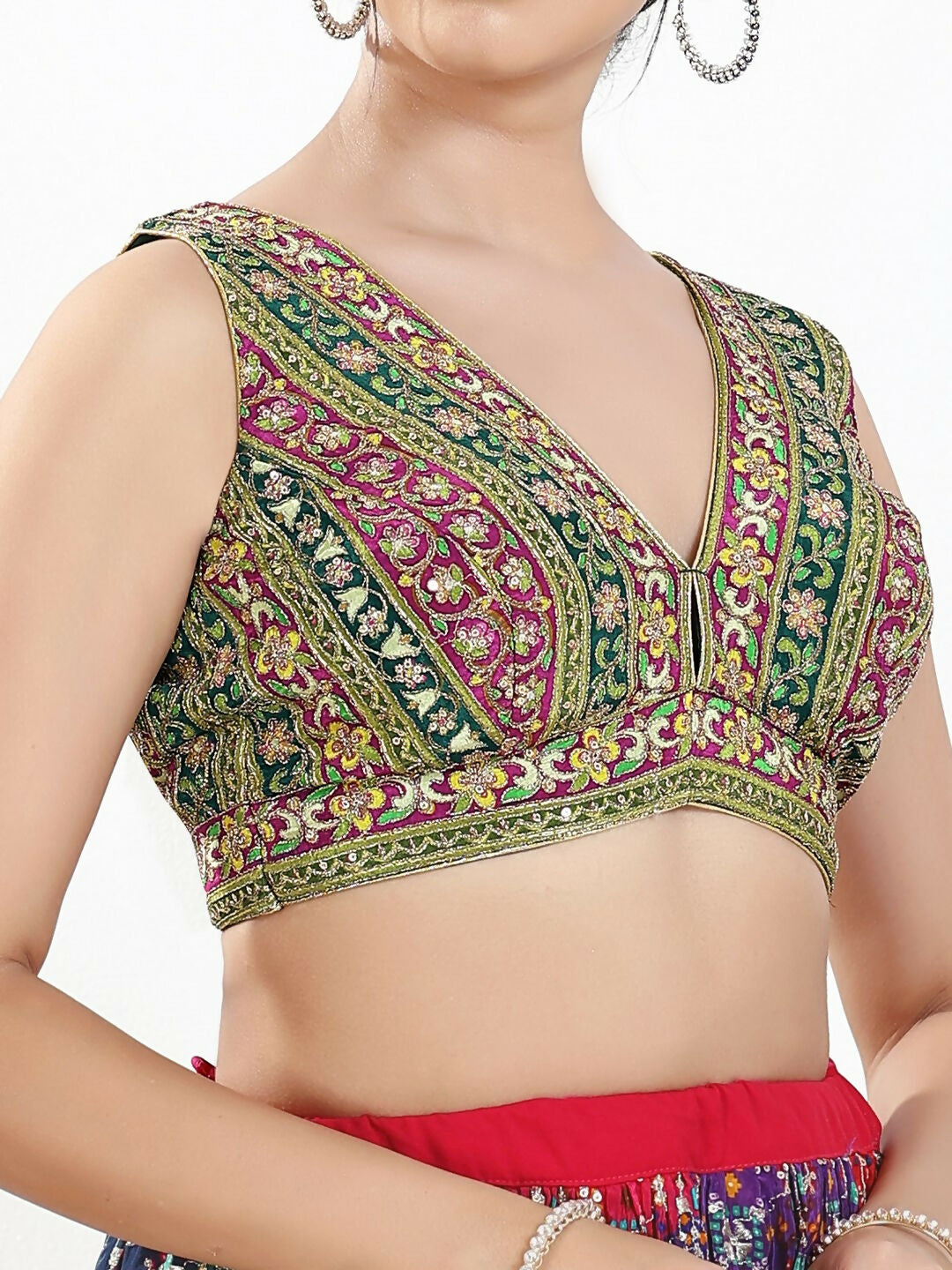Joban Fashion Green Multi Georgette Padded Blouse With V Neck Sleeveless
