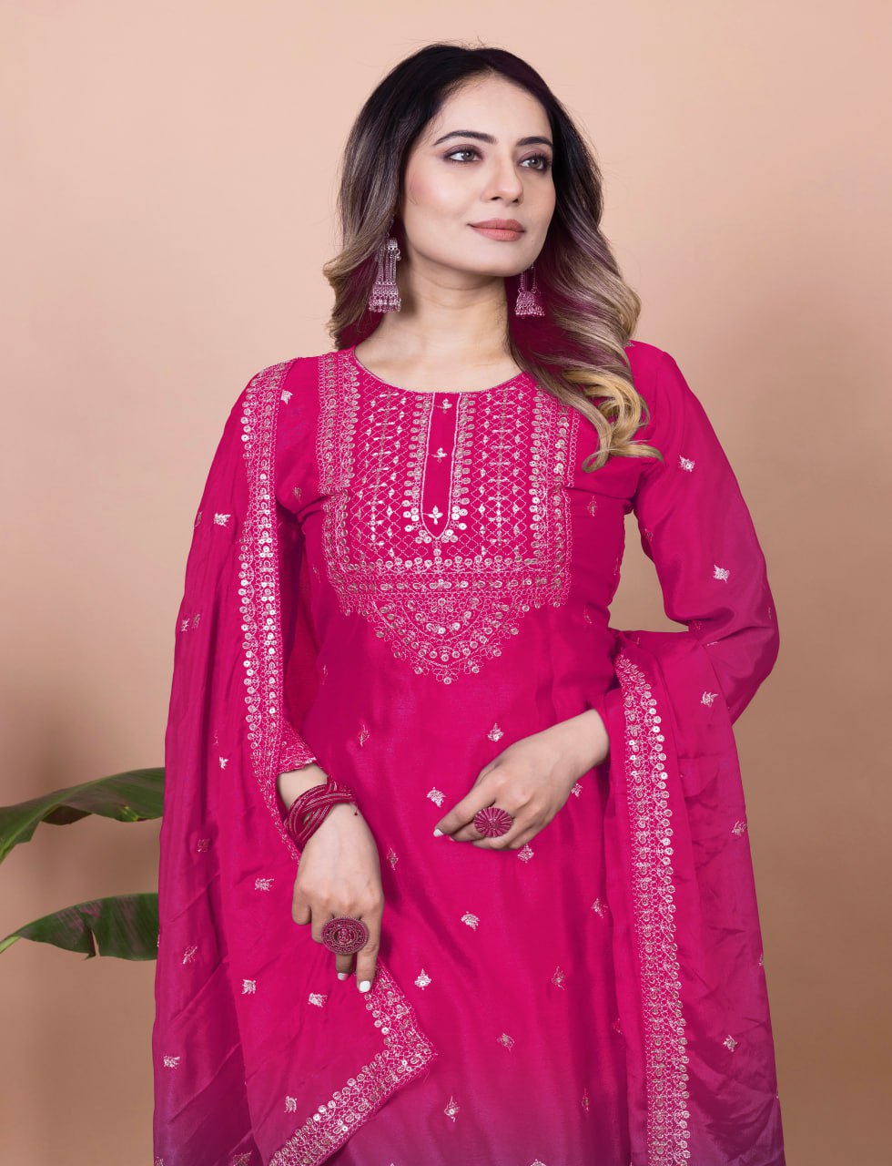 Yash Enterprise Pink Chinon Silk Embroidery Party Wear Suit Set
