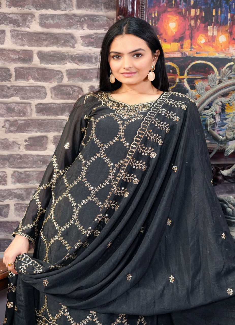 Yash Enterprise Black Chinon Silk Party Wear Embroidery Party Wear Suit Set