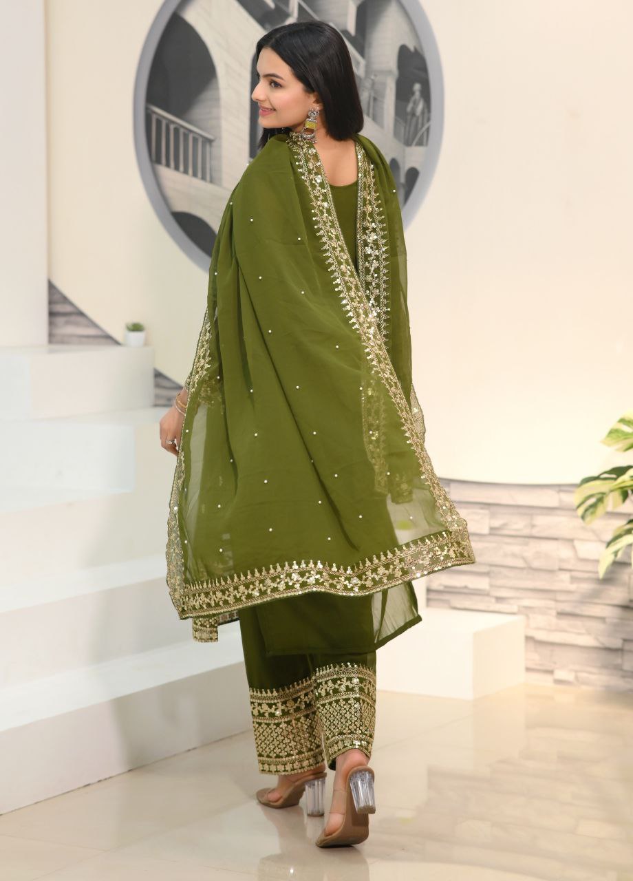 Yash Enterprise Alluring Fox Georgette Olive Embroidery Work Readymade Salwar Suit