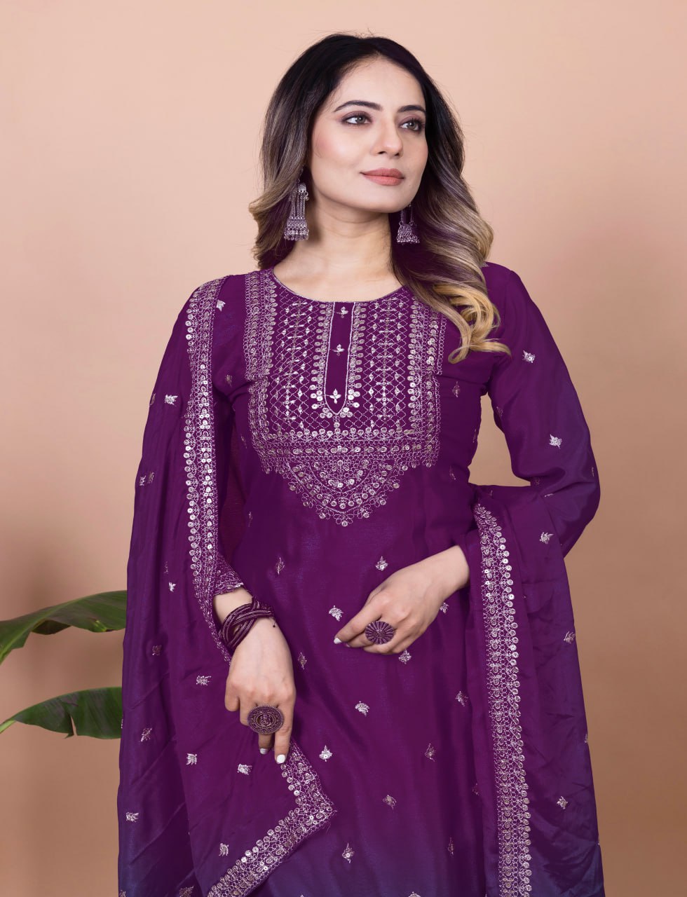 Yash Enterprise Purple Chinon Silk Embroidery Party Wear Suit Set
