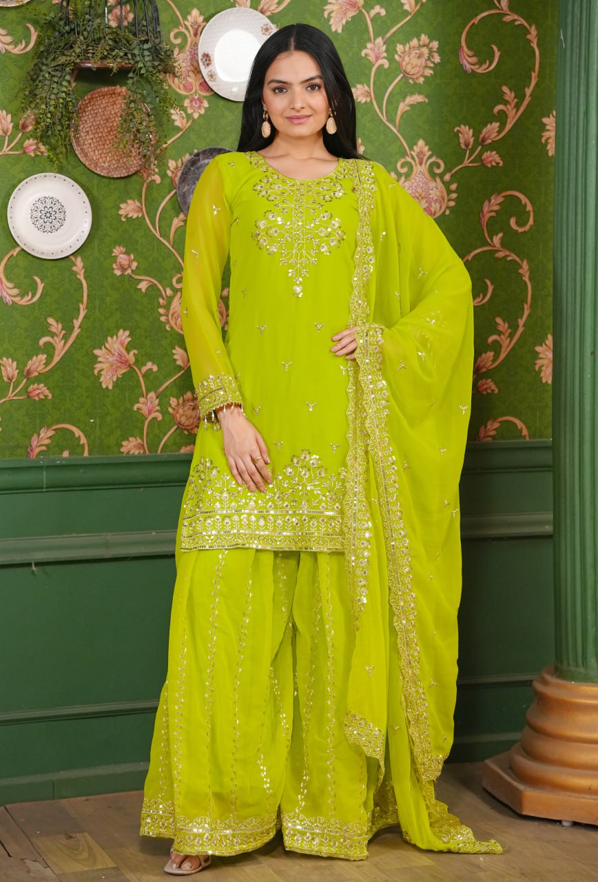 Yash Enterprise Green Georgette Party Wear Embroidery Party Wear Suit Set