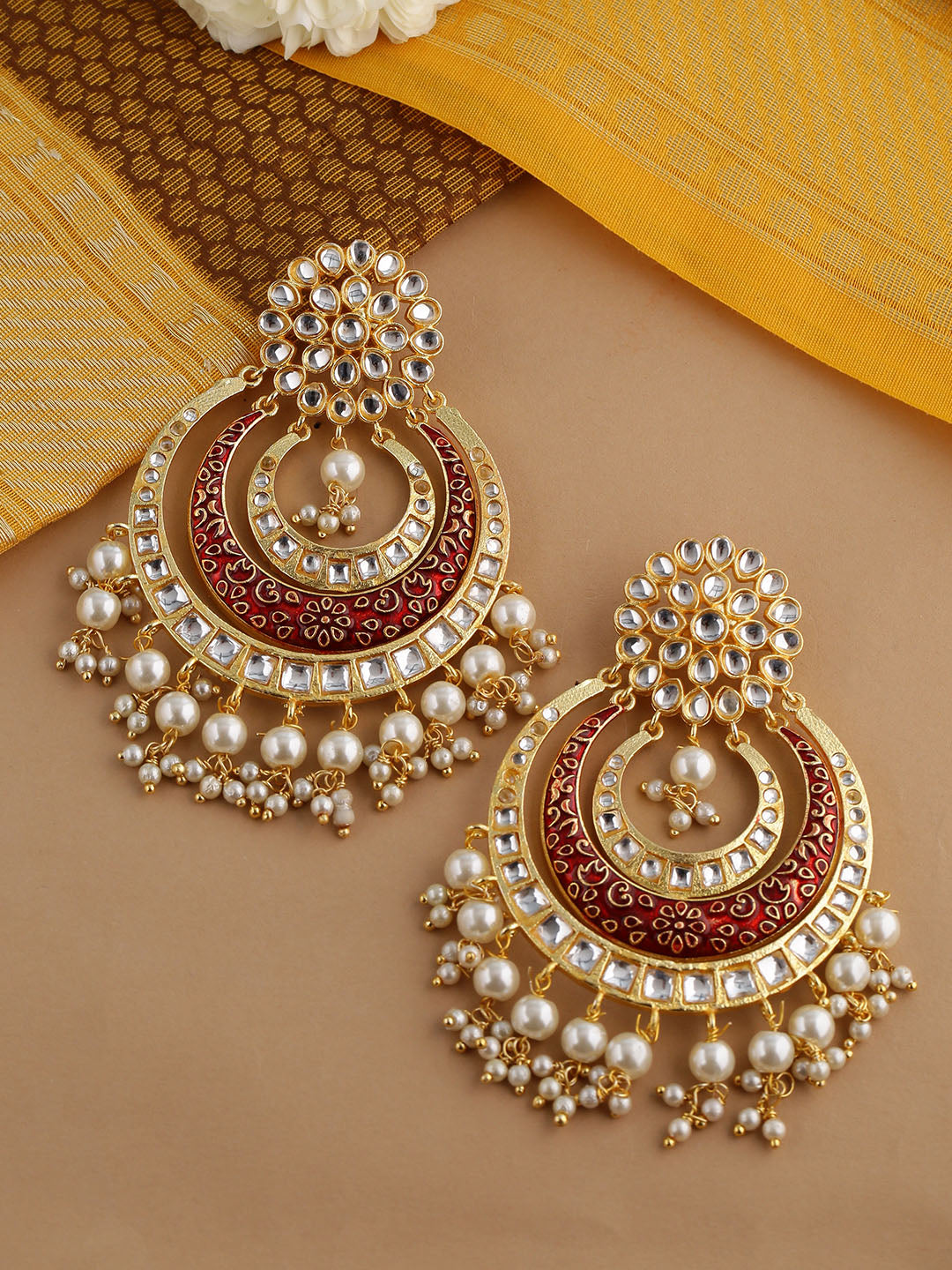 Shoshaa Red & Off-White Kundan Studded & Beaded Crescent Shaped Chandbalis
