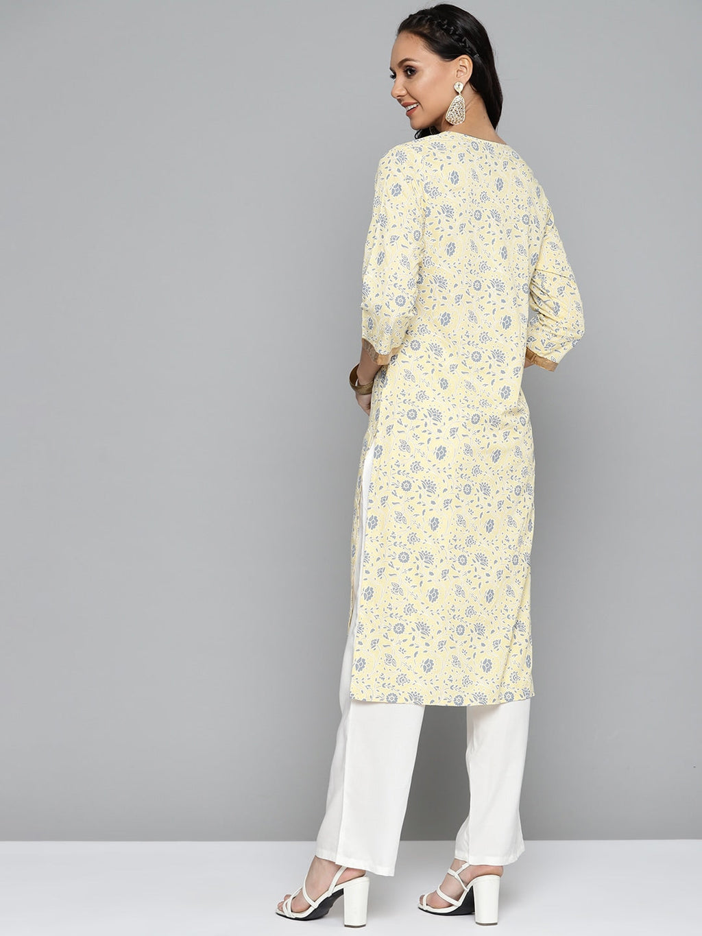 HERE&NOW Women Yellow & Grey Ethnic Motifs Printed Kurta with Trousers