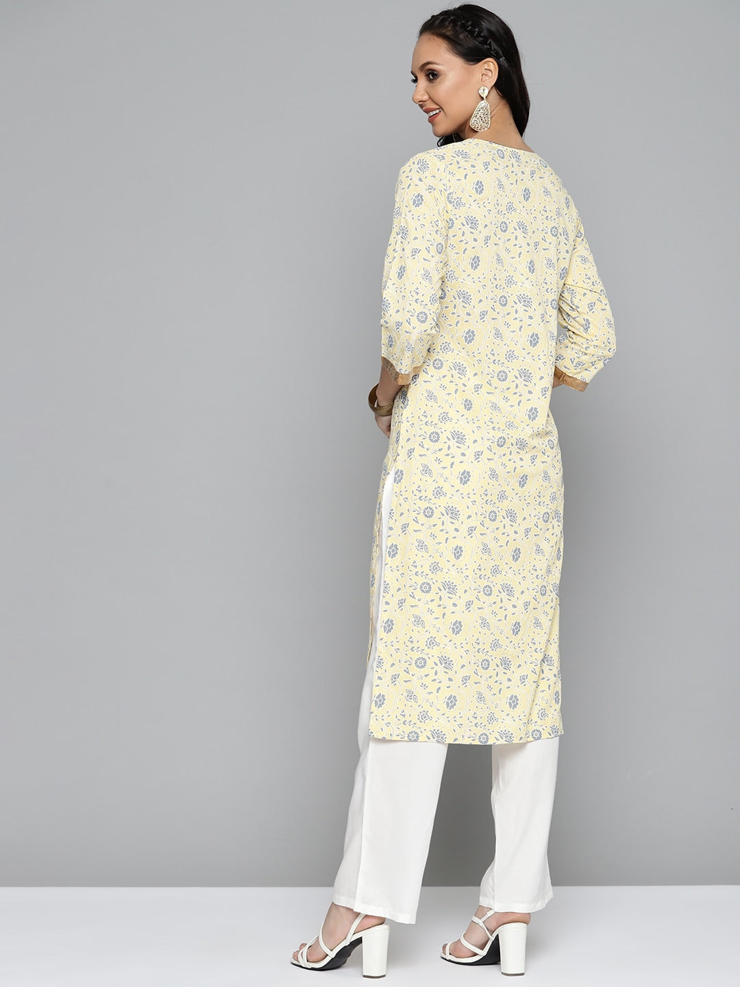 HERE&NOW Women Yellow & Grey Ethnic Motifs Printed Kurta with Trousers