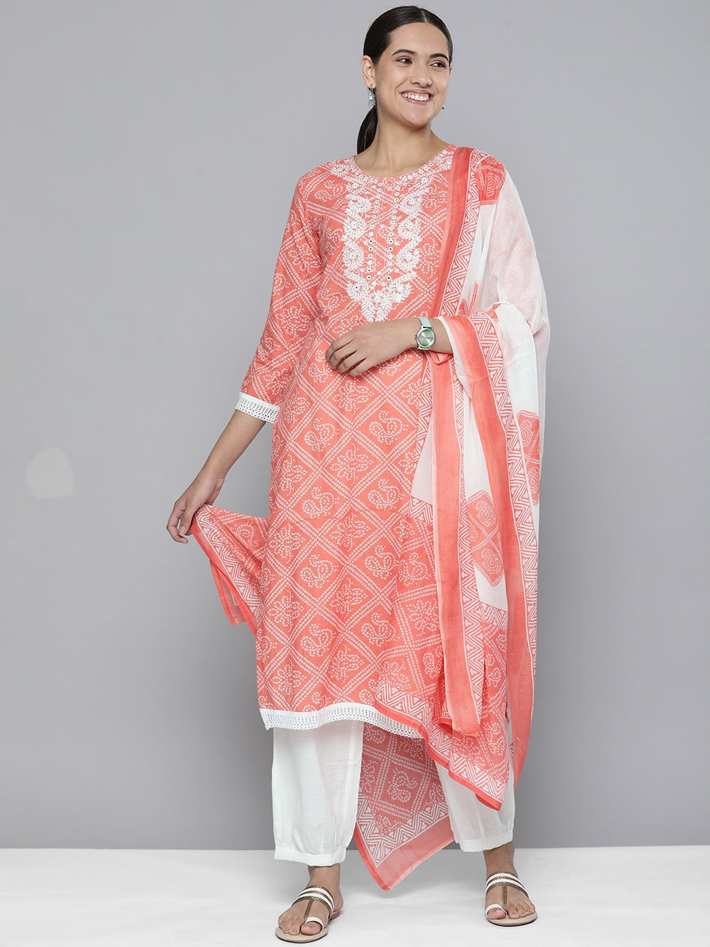 HERE&NOW Women Orange Ethnic Motifs Embroidered Pure Cotton Kurta with Trousers & With Dupatta