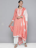 HERE&NOW Women Orange Ethnic Motifs Embroidered Pure Cotton Kurta with Trousers & With Dupatta