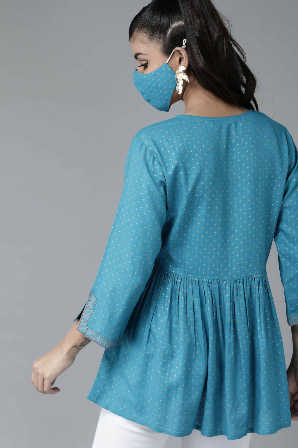 Juniper Women Skyblue Rayon Slub Polka Print Peplum Tunic